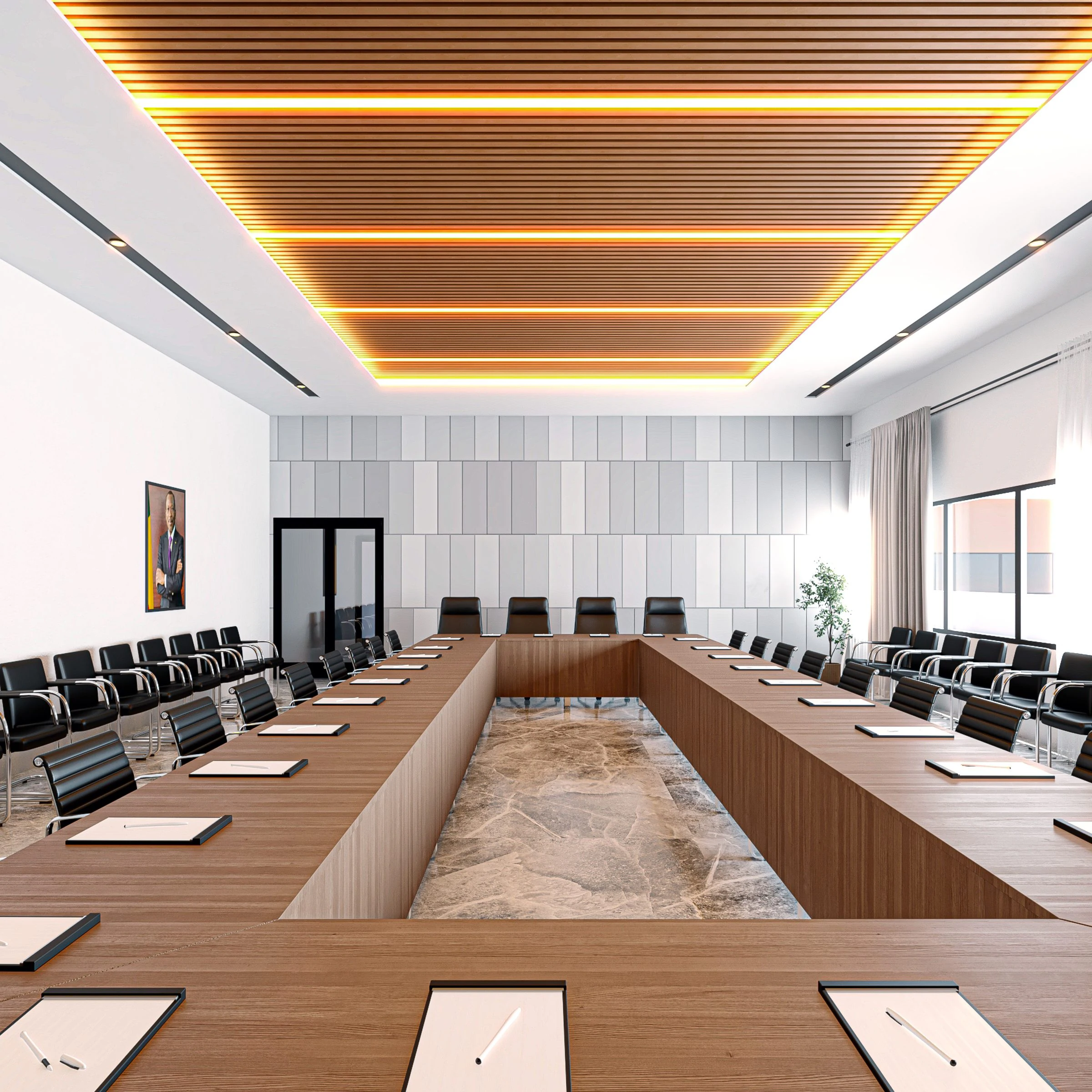 BCEAO Kandi — salle de réunion, plafond à lames de bois éclairées