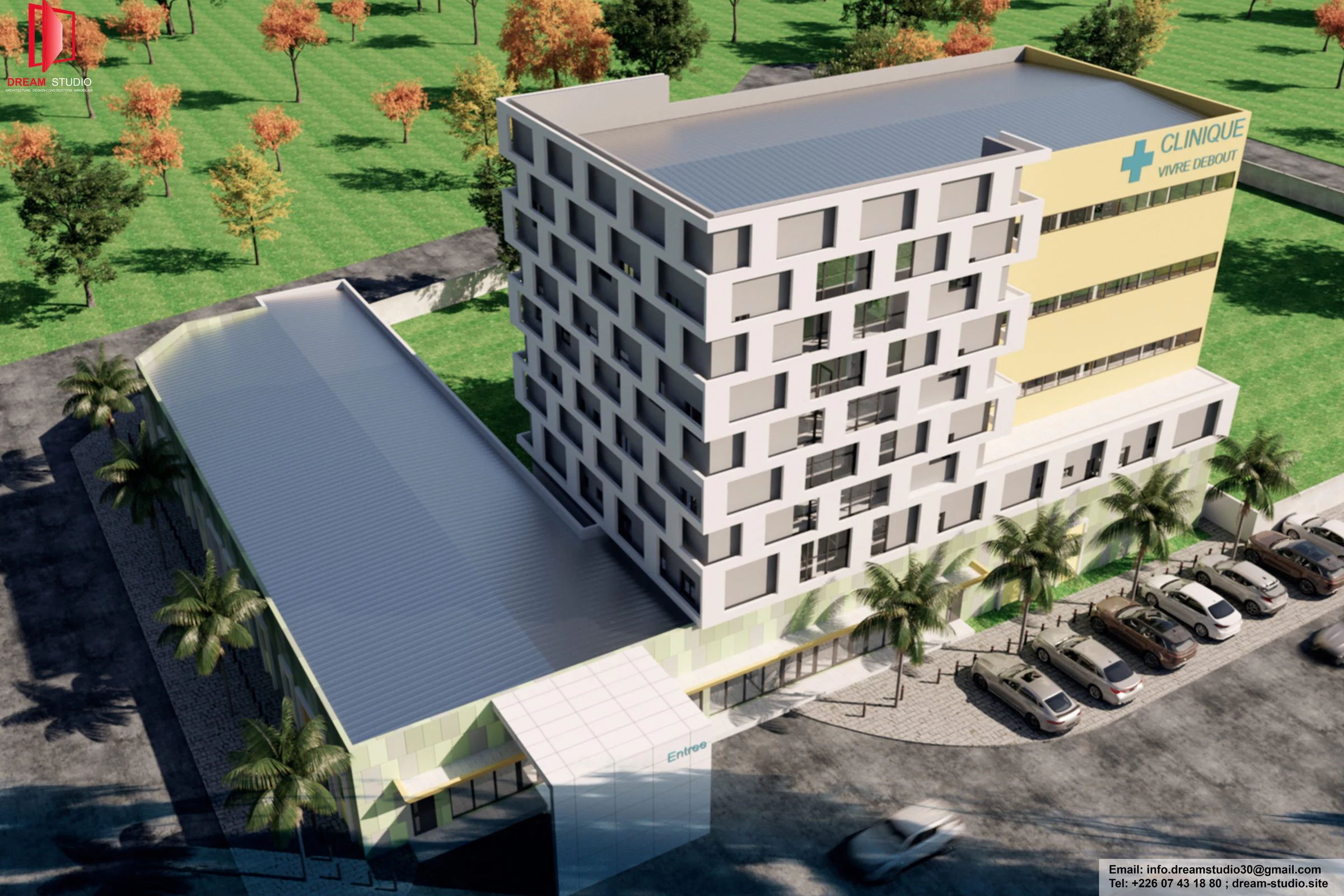 Clinique Vivre Debout — vue aérienne de la clinique et du parking