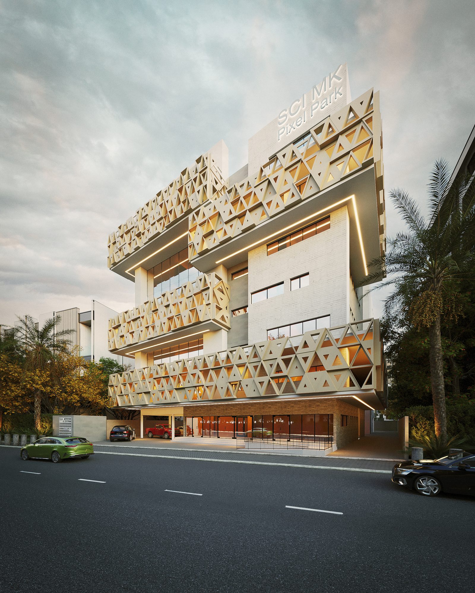 Complexe immobilier à Abidjan — vue d'angle de la façade à modules triangulaires
