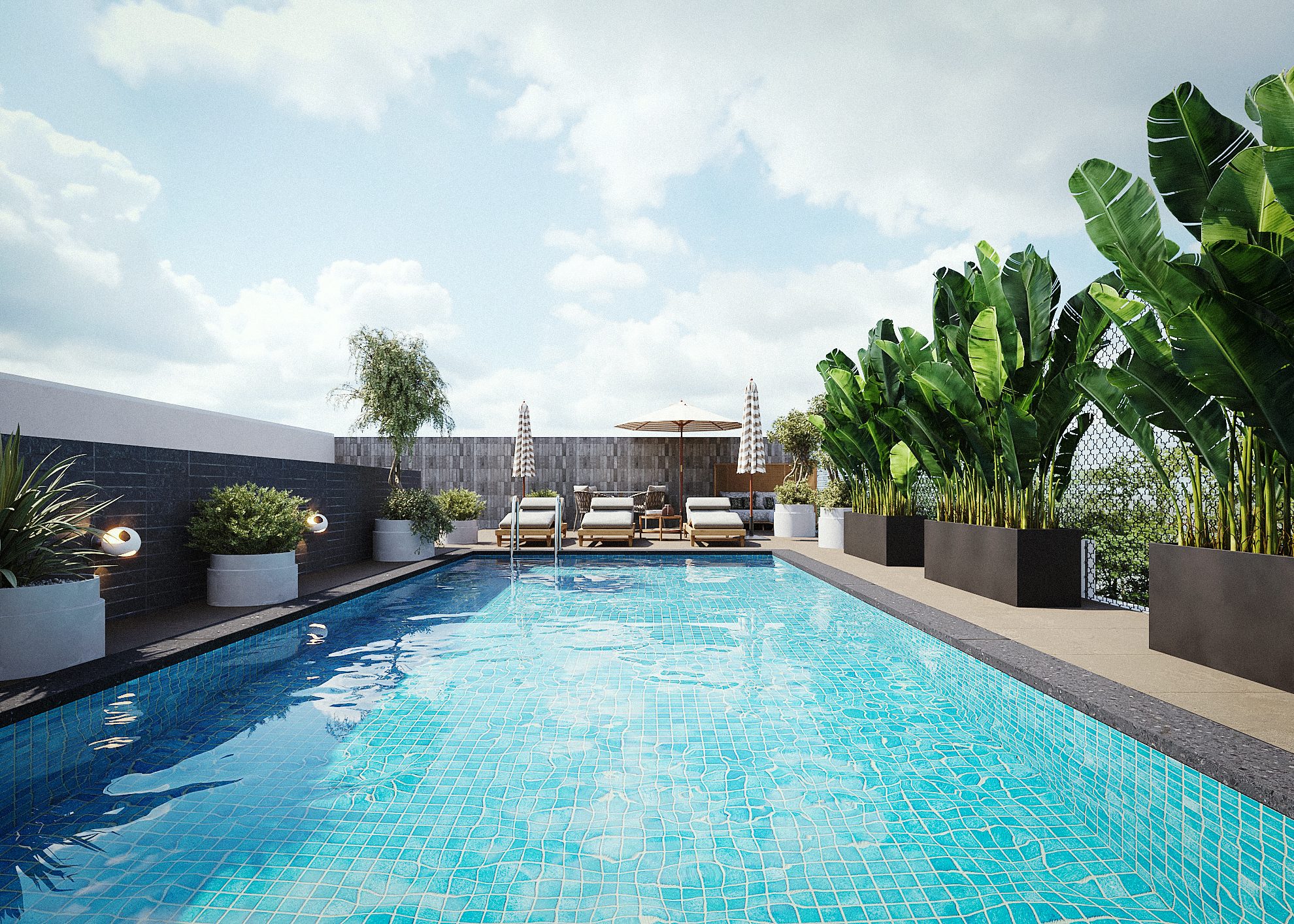 Complexe immobilier à Abidjan — piscine en toiture et plantations