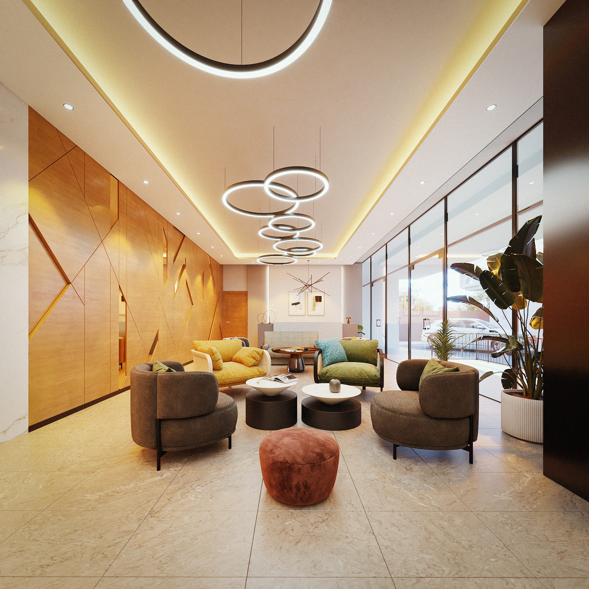 Complexe immobilier à Abidjan — hall d'accueil aux parements bois et éclairages circulaires