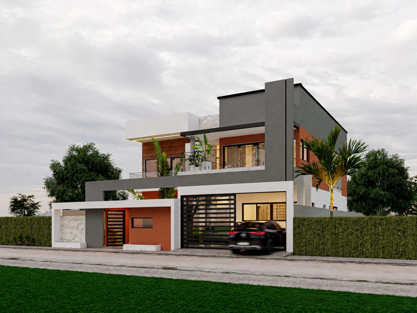 Duplex Bo — vue de la façade avant et du garage