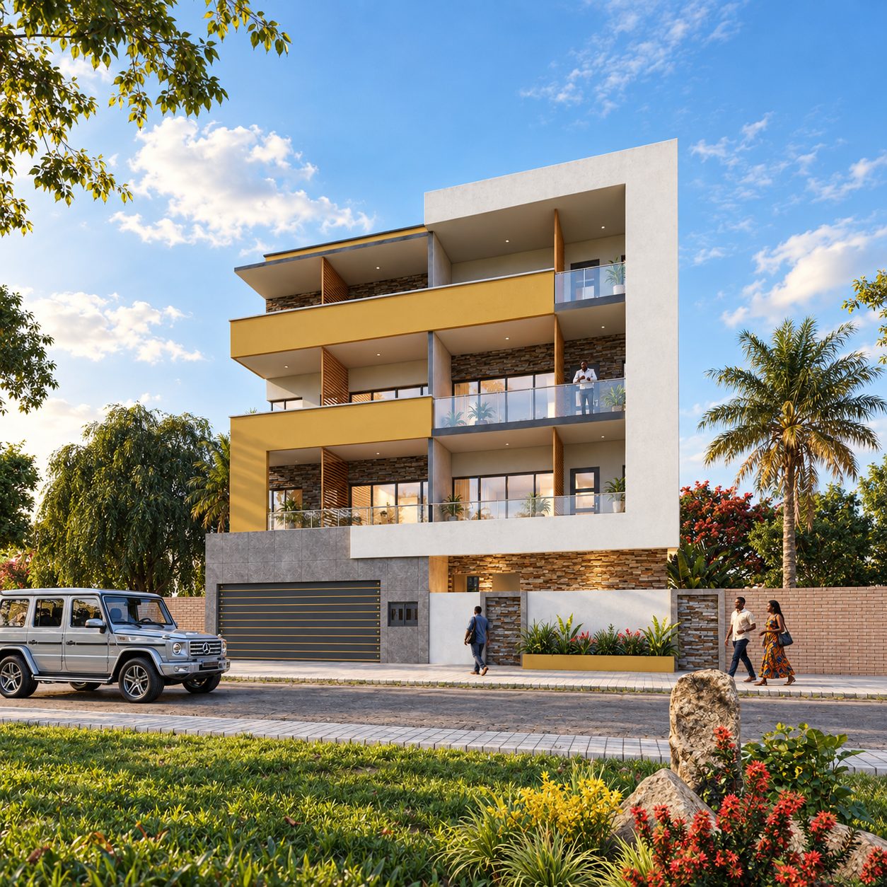 Immeuble KA2 — vue de la façade, balcons superposés et grand encadrement blanc aux bandeaux ocre