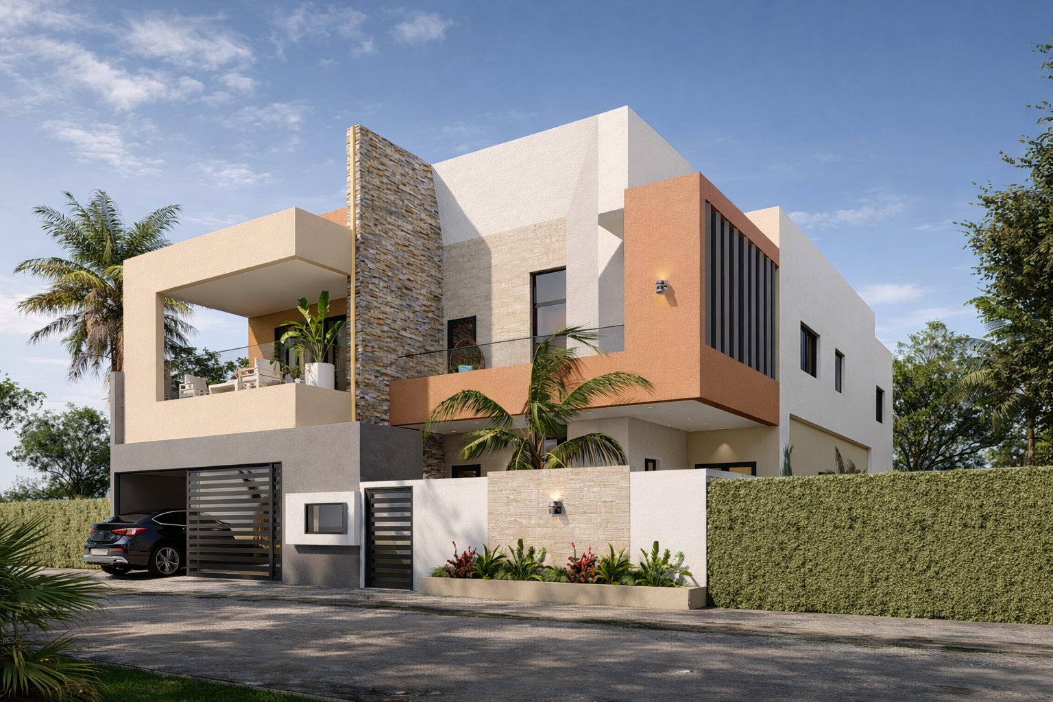 Triplex As — vue d'angle de la façade, parement en pierre et terrasse