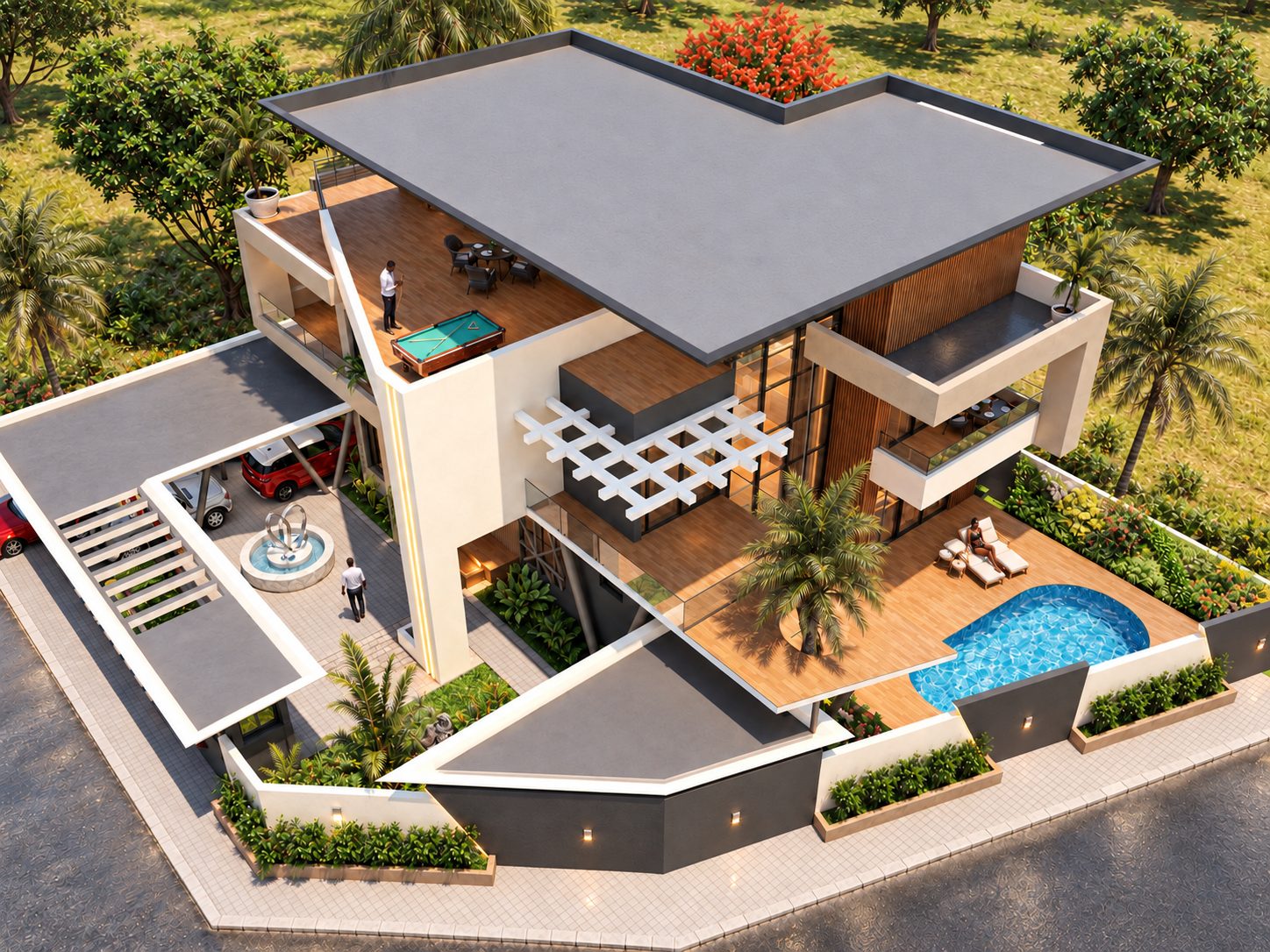 Triplex KE3 — vue aérienne de la maison, de la terrasse et de la piscine
