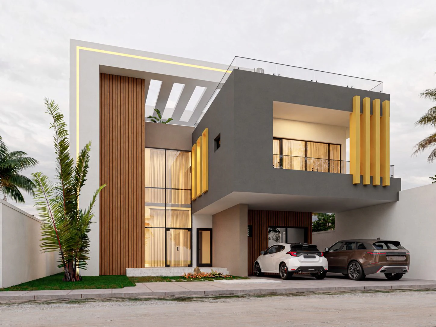 Triplex Phe — vue de la façade, baie et lames jaune doré