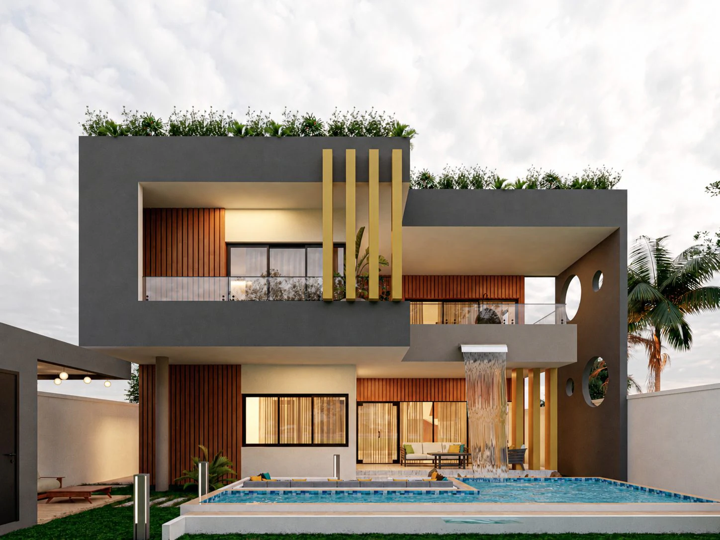 Triplex Phe — vue arrière, piscine avec cascade