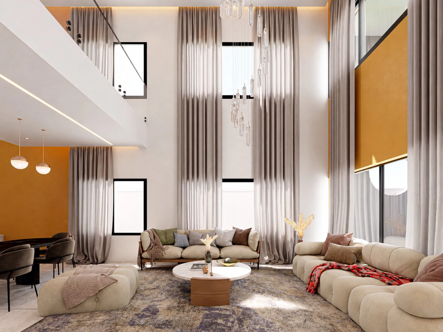 Triplex Phe — salon en double hauteur, grands rideaux