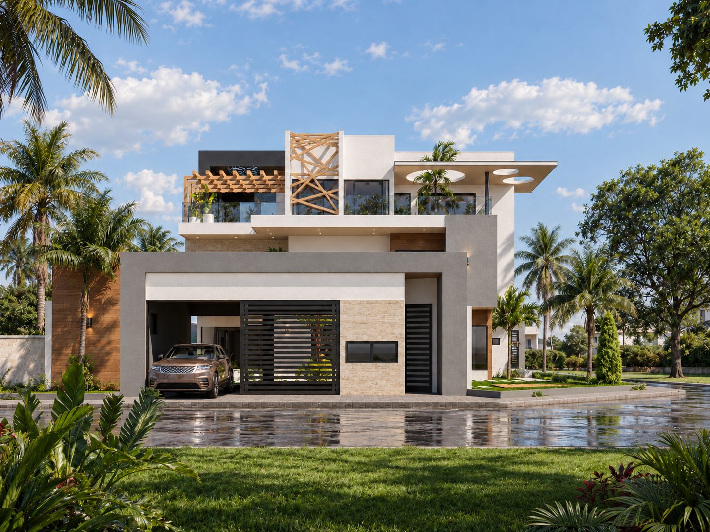 Triplex Ro — vue de la façade avant et du garage