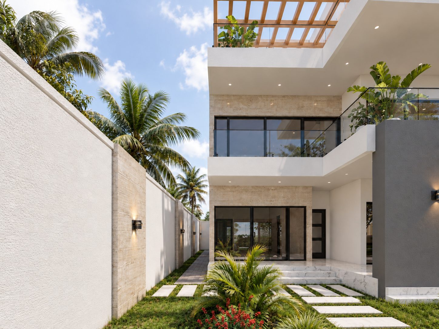 Triplex Ro — vue de la façade latérale et de l'allée