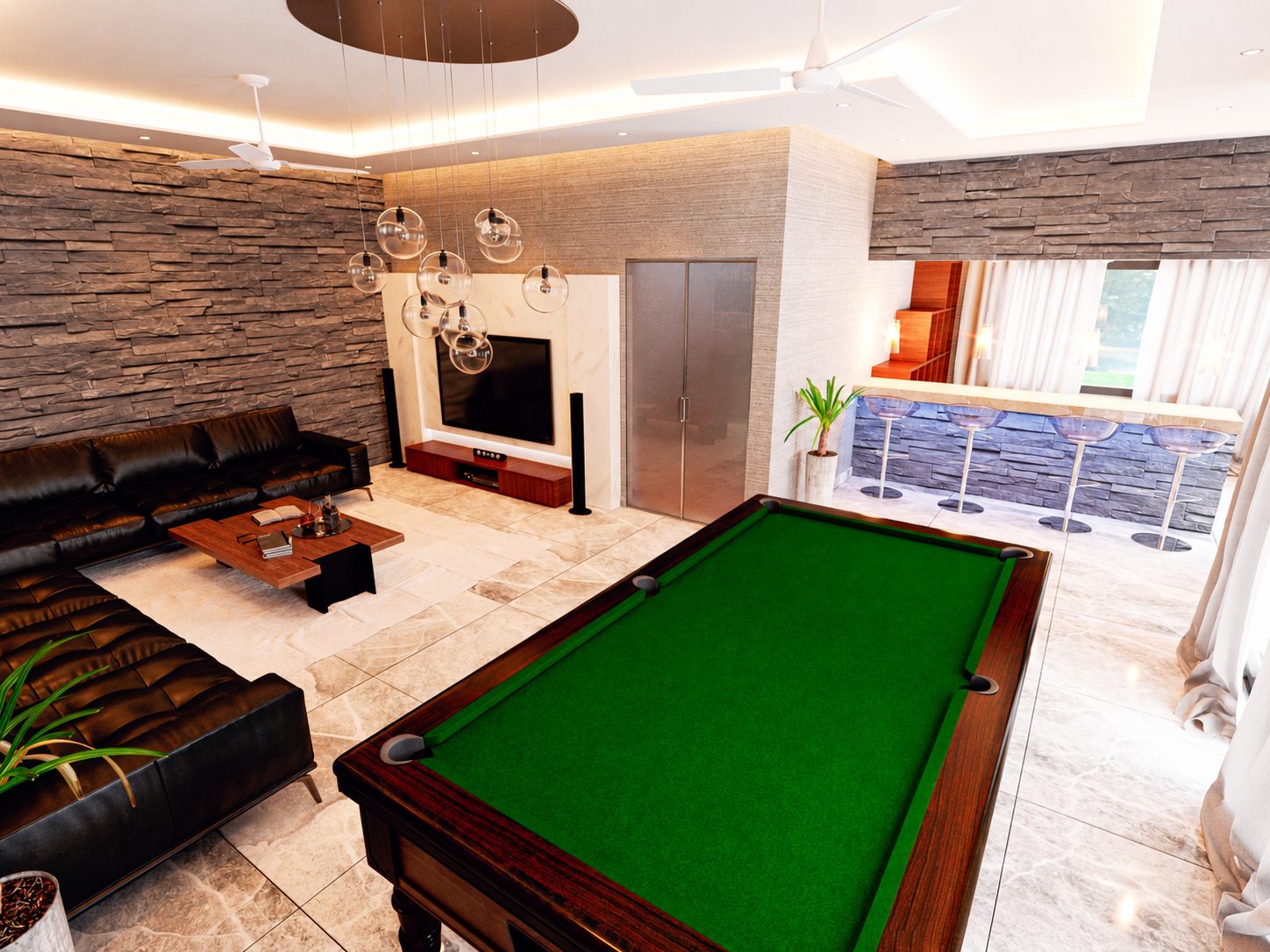 Triplex Ro — salon avec table de billard
