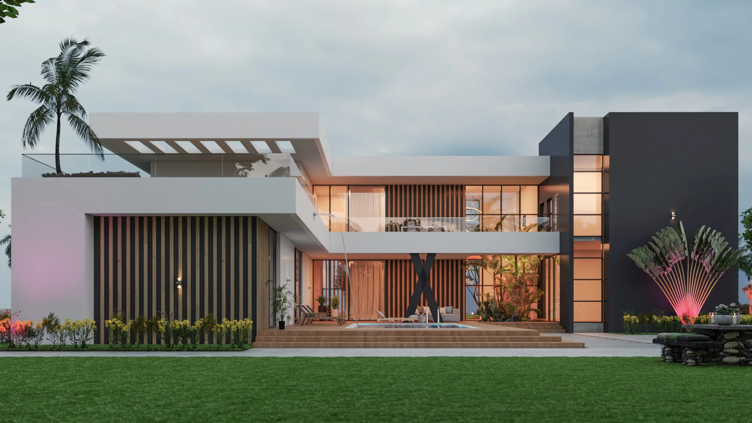 Triplex SE — vue de la façade principale, grands encadrements blancs, volumes anthracite et lames verticales