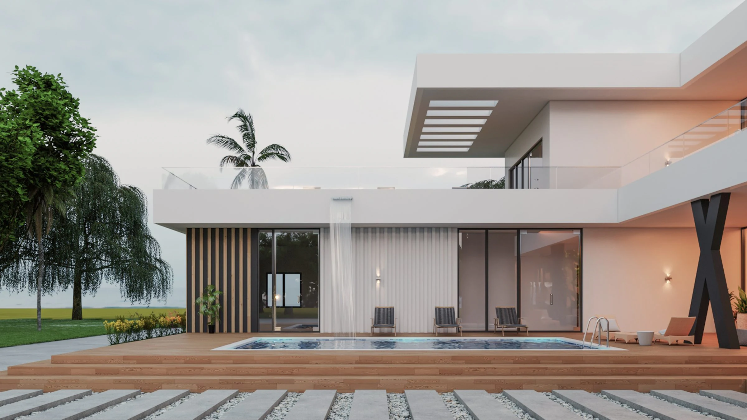 Triplex SE — piscine à cascade et terrasse avec espace de détente