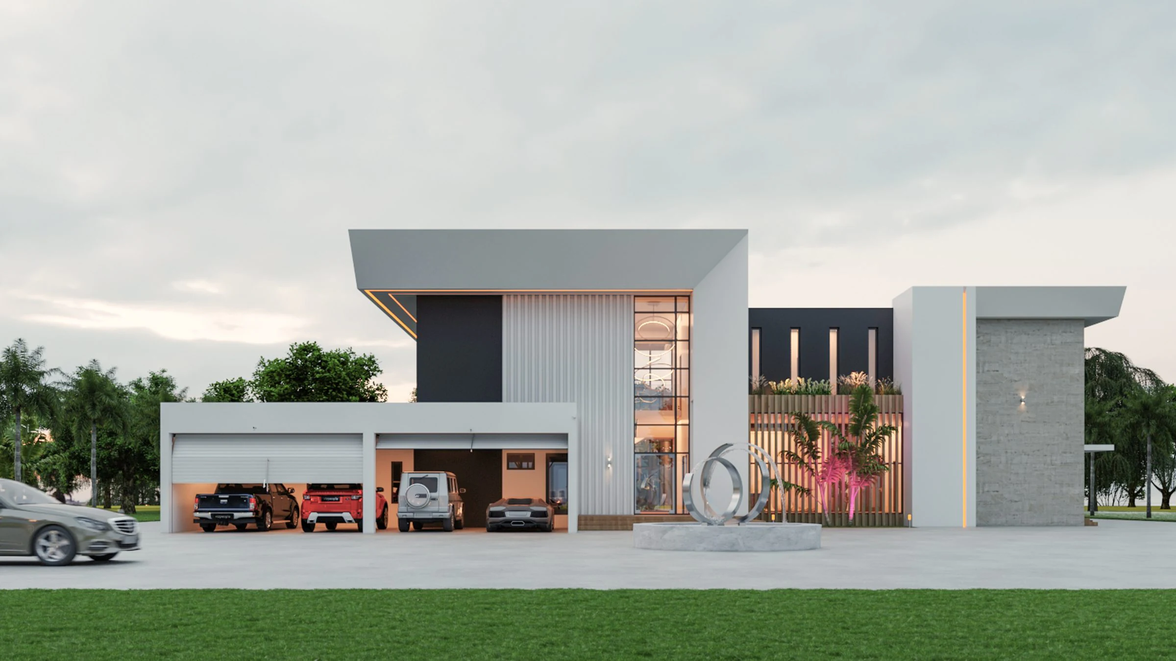 Triplex SE — vue de la façade d'entrée et du garage