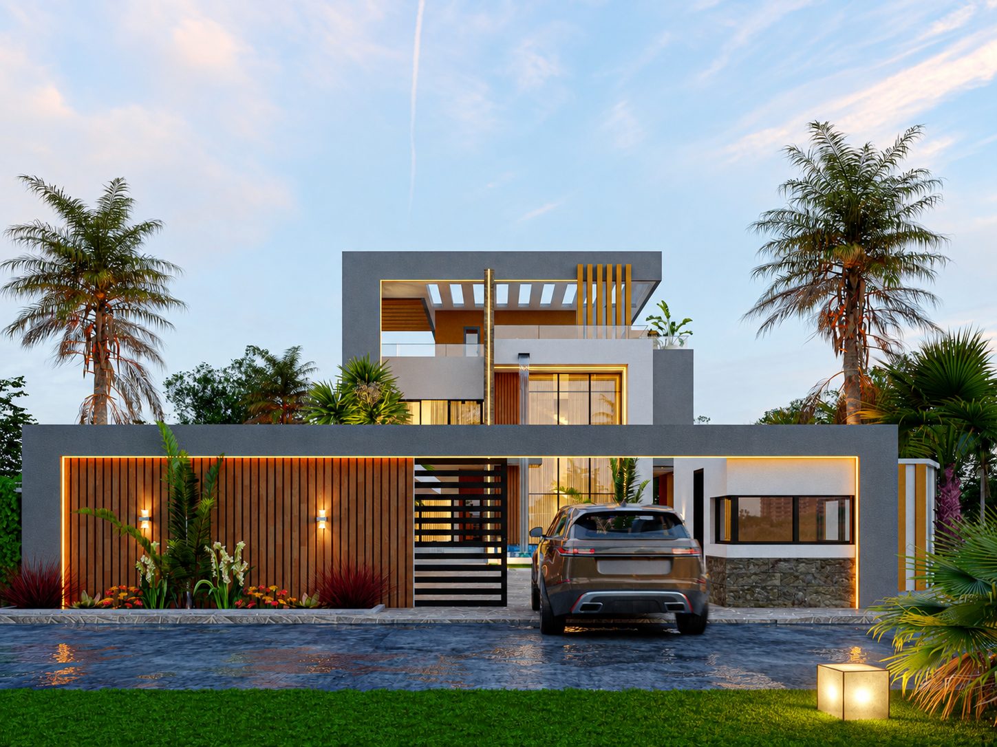 Triplex Sou — vue extérieure de la façade avant et de sa clôture à lames de bois