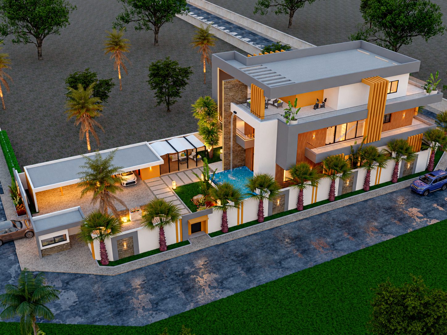 Triplex Sou — vue aérienne de la propriété, du jardin et de la piscine