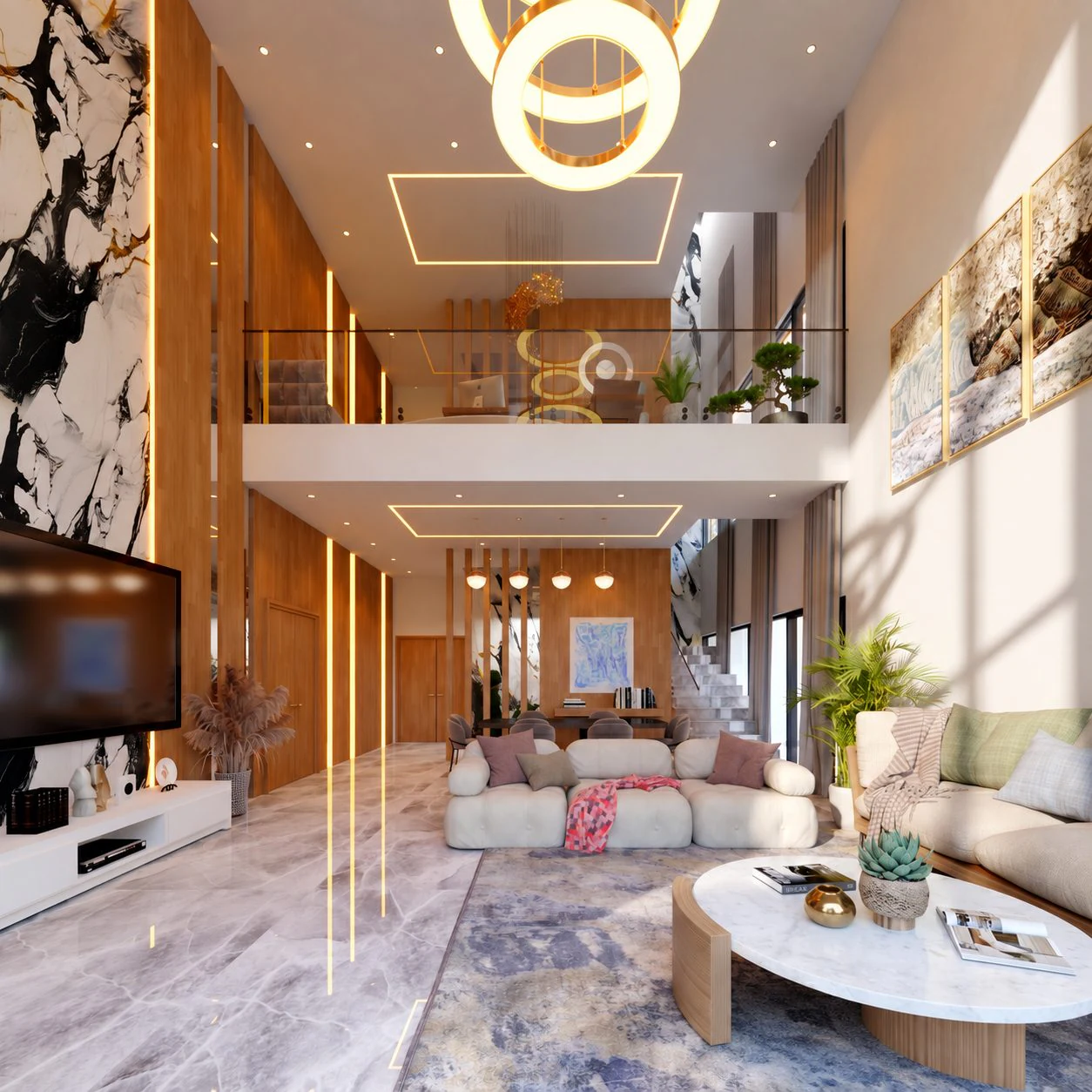 Triplex Sou — séjour en double hauteur, suspension circulaire
