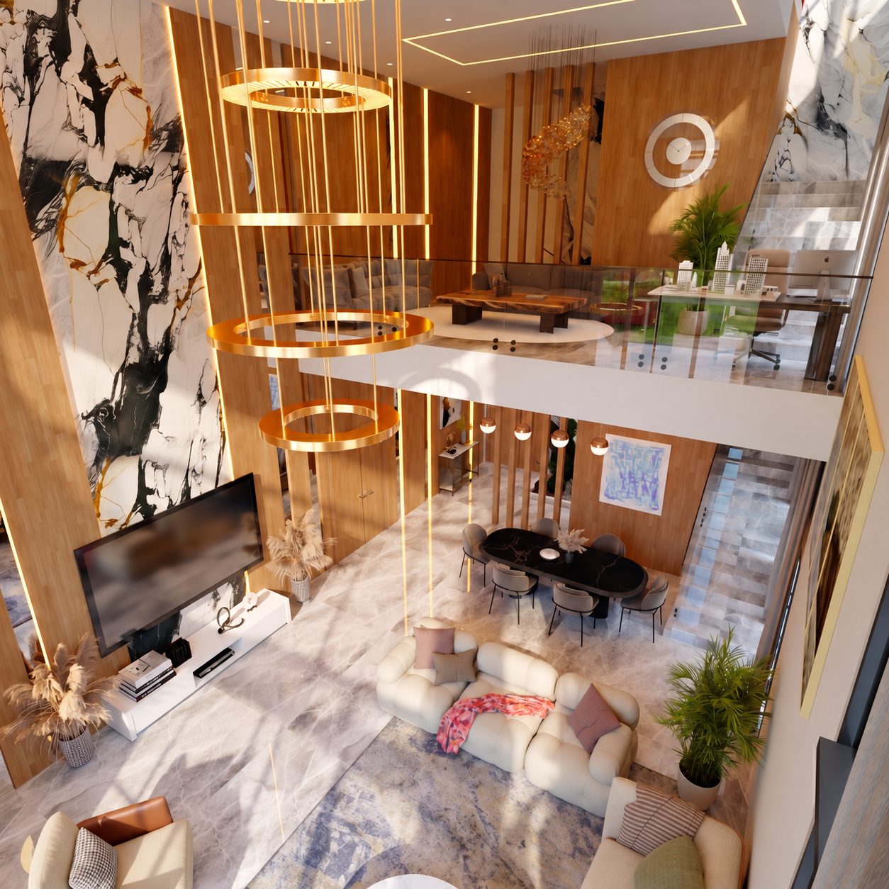 Triplex Sou — vue du séjour depuis la mezzanine
