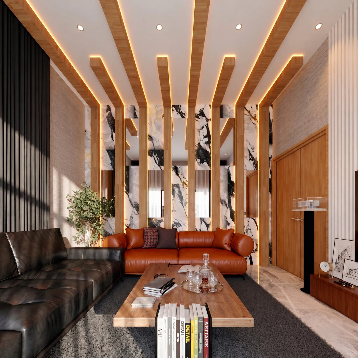 Triplex Sou — salon et cloison à lames de bois