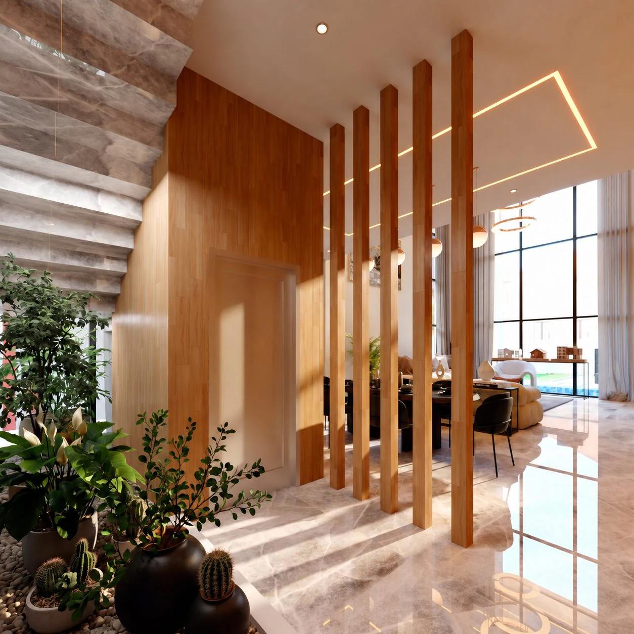 Triplex Sou — cloison à lames de bois et escalier