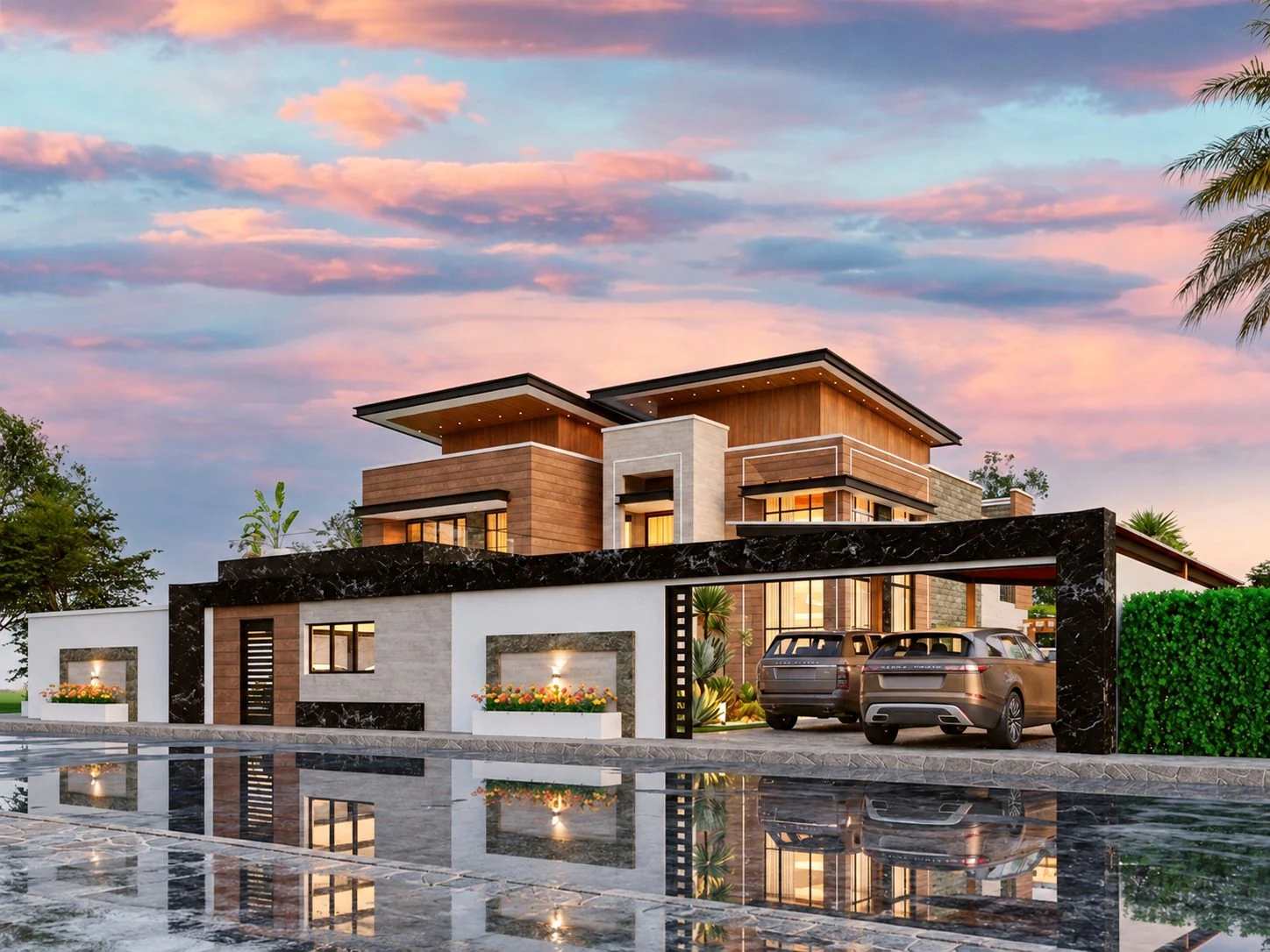 Triplex Za — vue de la façade au crépuscule, avec reflets