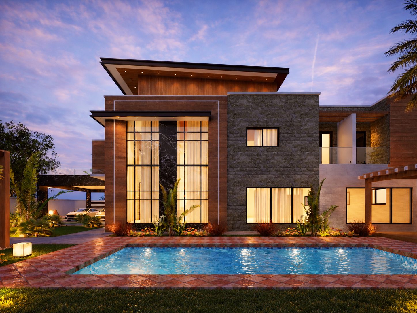 Triplex Za — baie vitrée et piscine au crépuscule