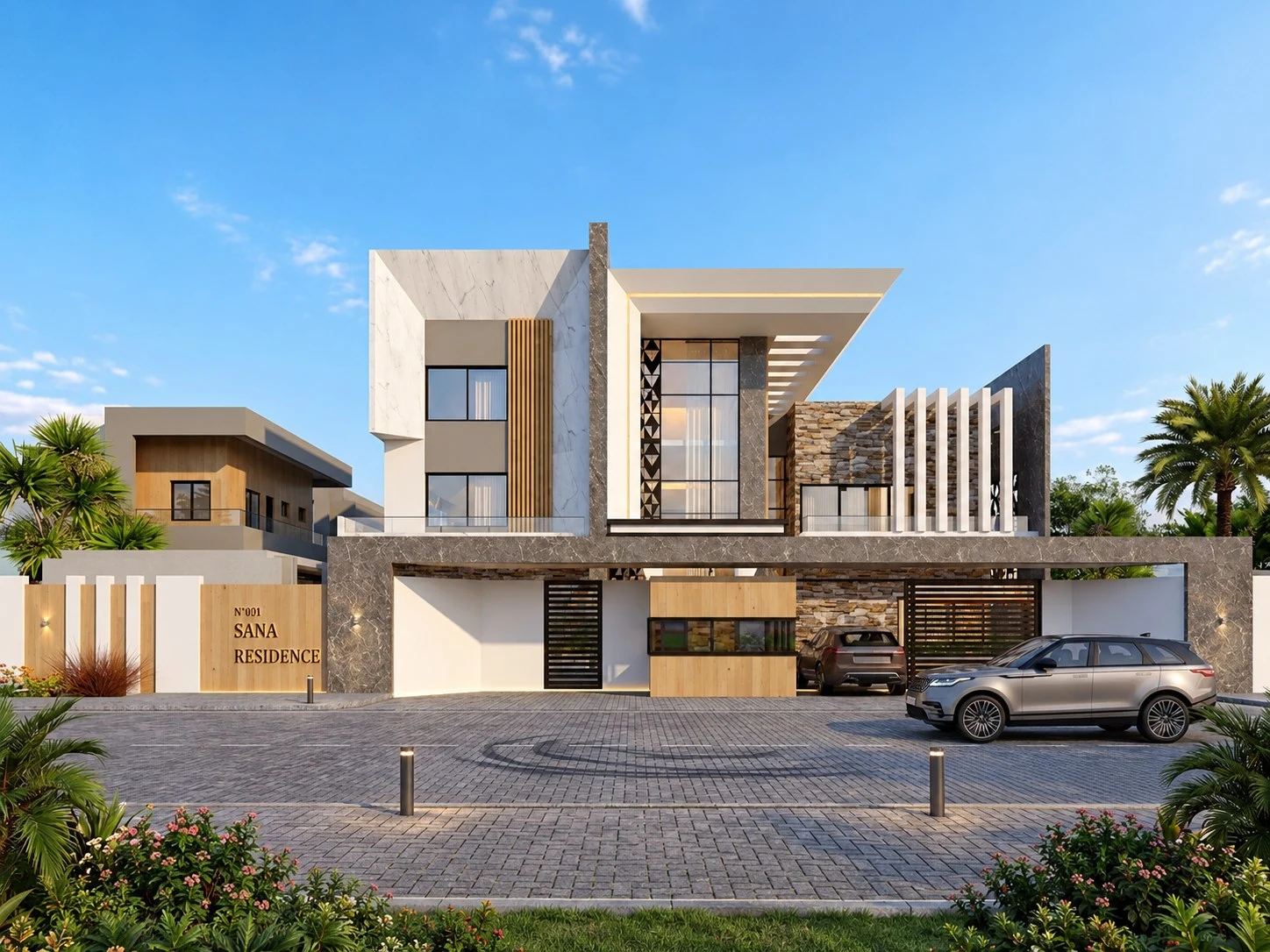 Triplex SA3 — vue extérieure de la façade avant et de l'allée pavée en plein jour