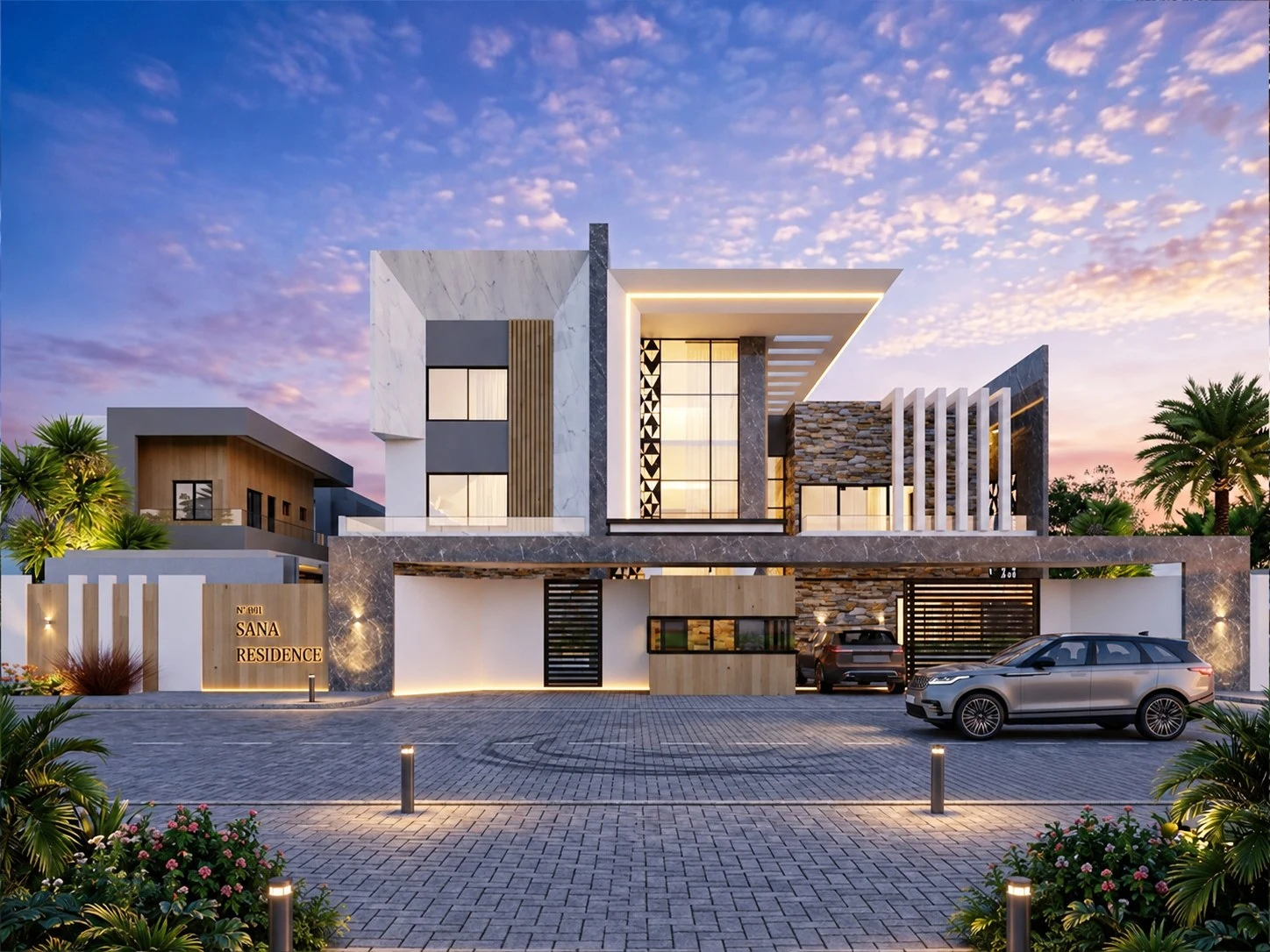 Triplex SA3 — vue de la façade avant au crépuscule, éclairage architectural