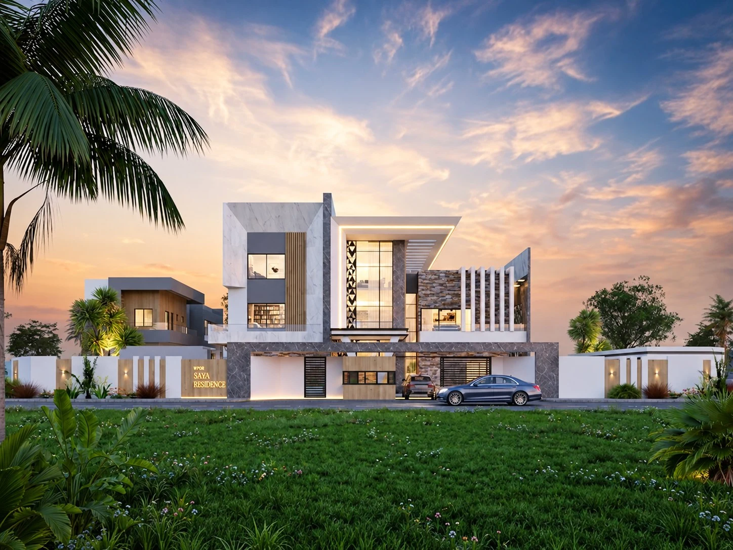 Triplex SA3 — vue de la résidence depuis le jardin au coucher du soleil