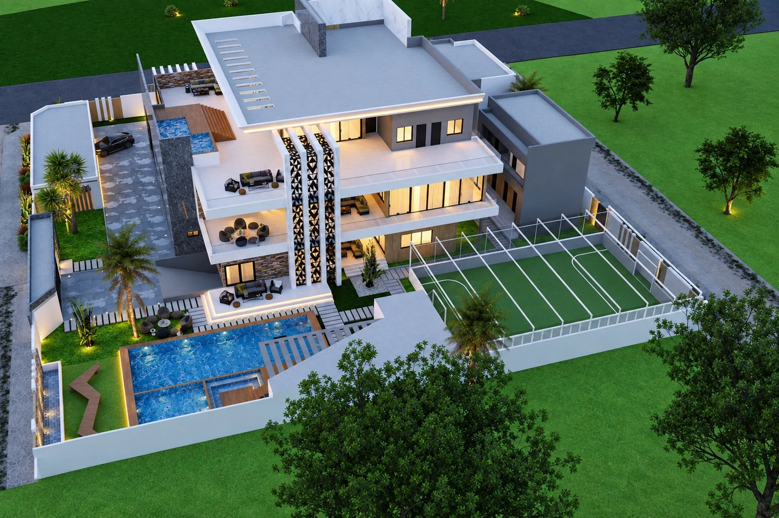 Triplex SA3 — vue aérienne de la résidence, de la piscine, des terrasses et du terrain de sport