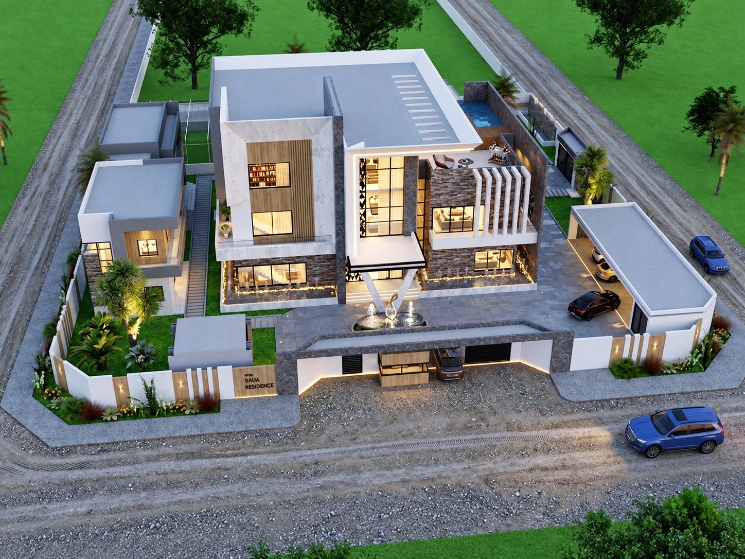 Triplex SA3 — vue aérienne de la résidence, du jardin et de la cour d'entrée