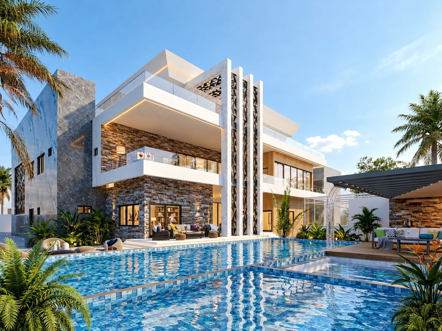 Triplex SA3 — façade aux claustras verticaux à motifs triangulaires, vue depuis la piscine