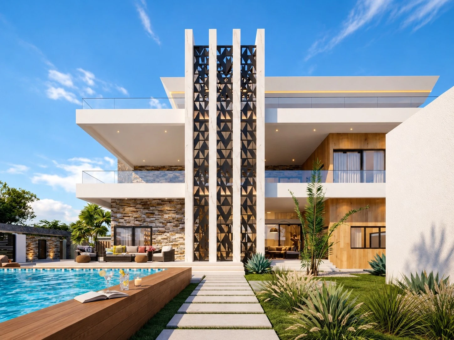 Triplex SA3 — claustra vertical à motifs triangulaires et piscine, vue de face