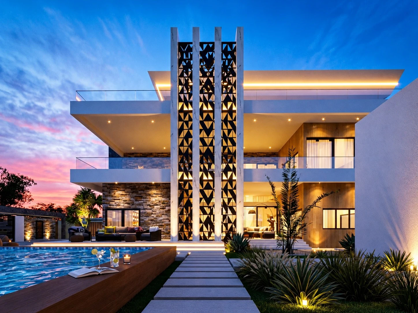 Triplex SA3 — claustra vertical et façade éclairée au crépuscule, piscine au premier plan